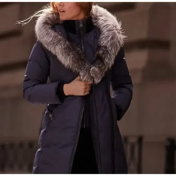 Mackage Kay Fox Fur-Trim Down Jacket in Navy